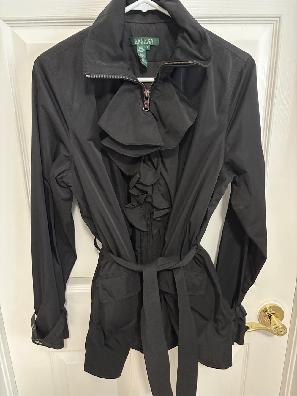 Lauren Ralph Lauren Black Ruffle-Front Belted Trench Coat LIKE NEW WORN ONCE